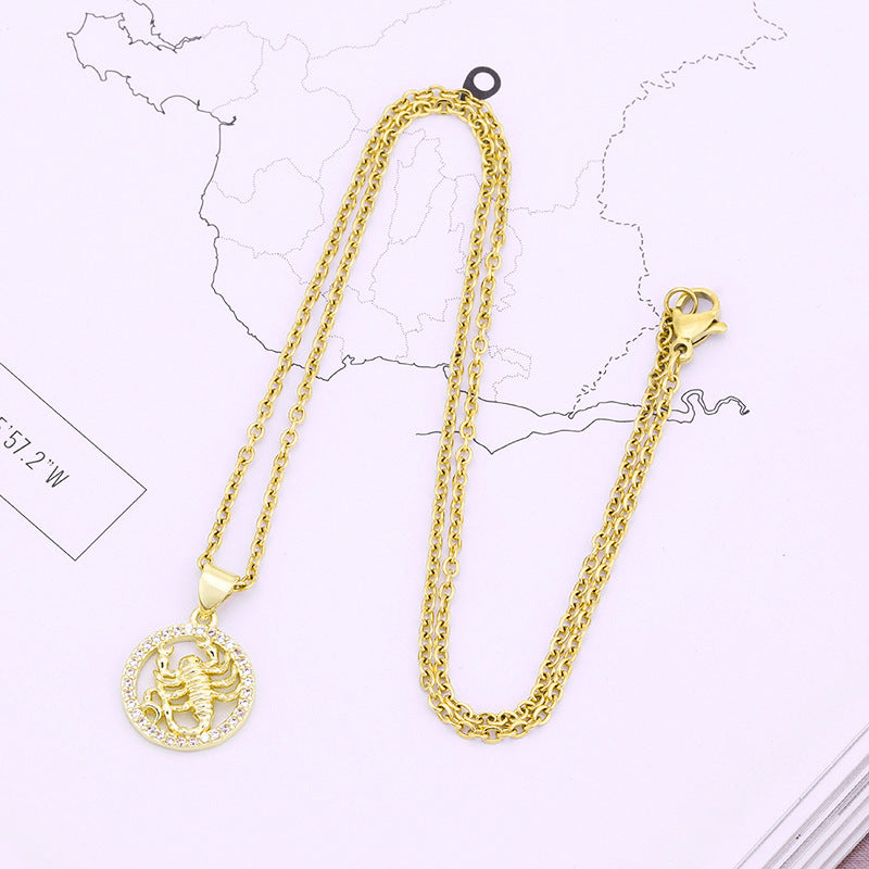 fashion twelve constellation copper inlaid zircon gold plated stainless steel pendant necklace