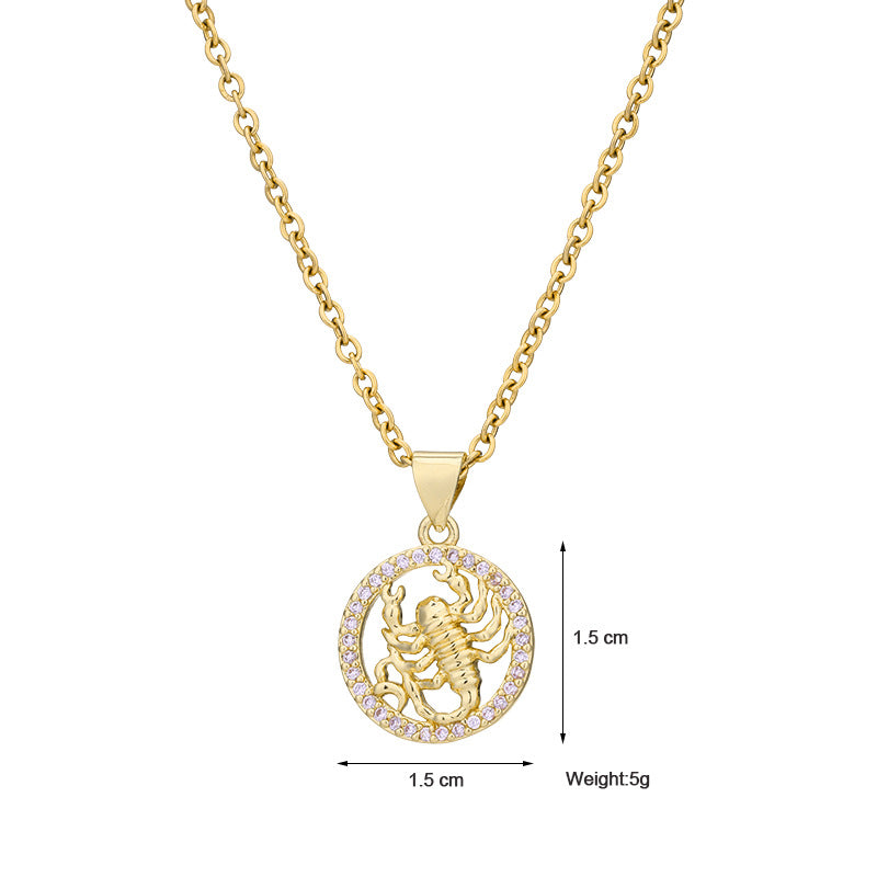 fashion twelve constellation copper inlaid zircon gold plated stainless steel pendant necklace