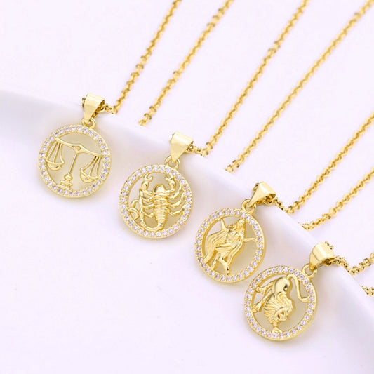 fashion twelve constellation copper inlaid zircon gold plated stainless steel pendant necklace