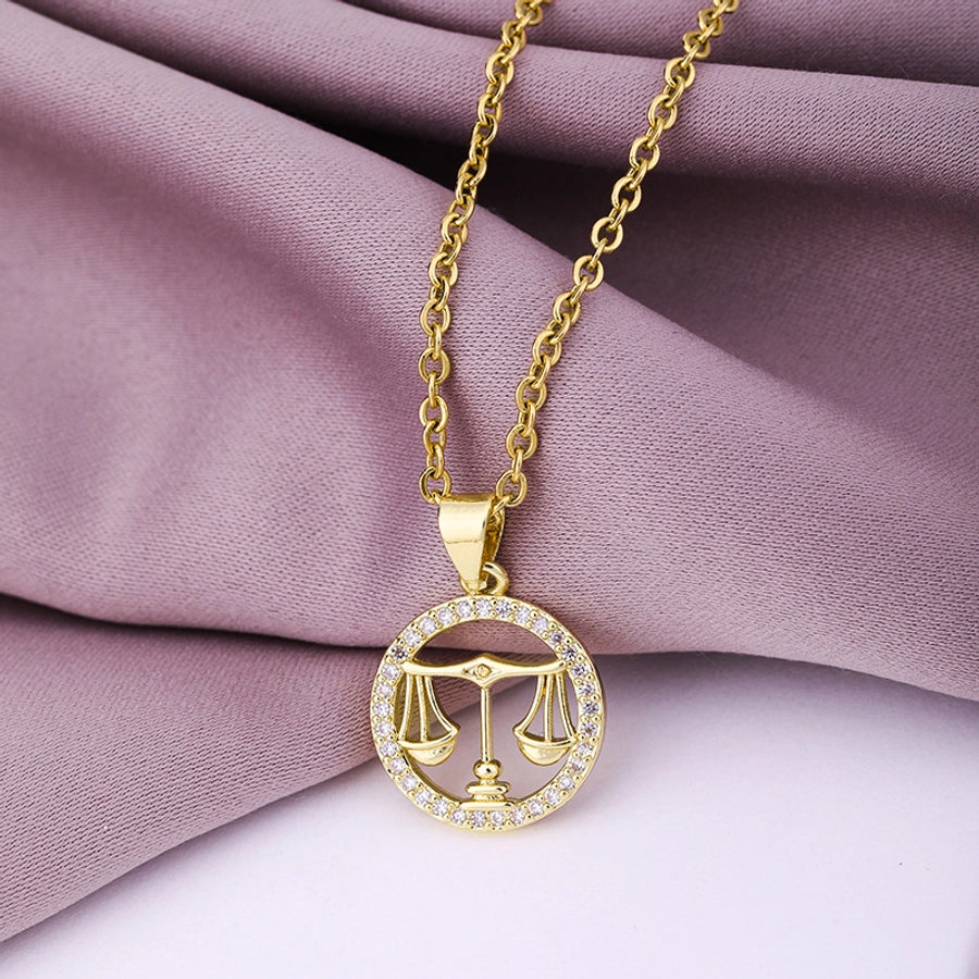 fashion twelve constellation copper inlaid zircon gold plated stainless steel pendant necklace