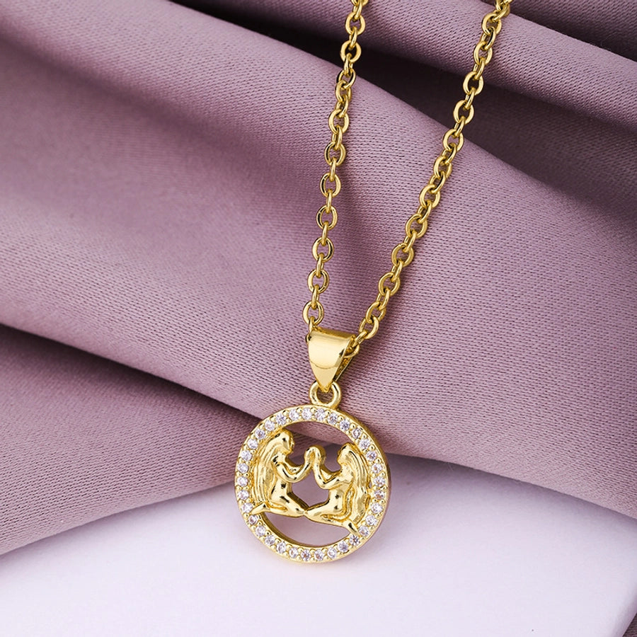 fashion twelve constellation copper inlaid zircon gold plated stainless steel pendant necklace